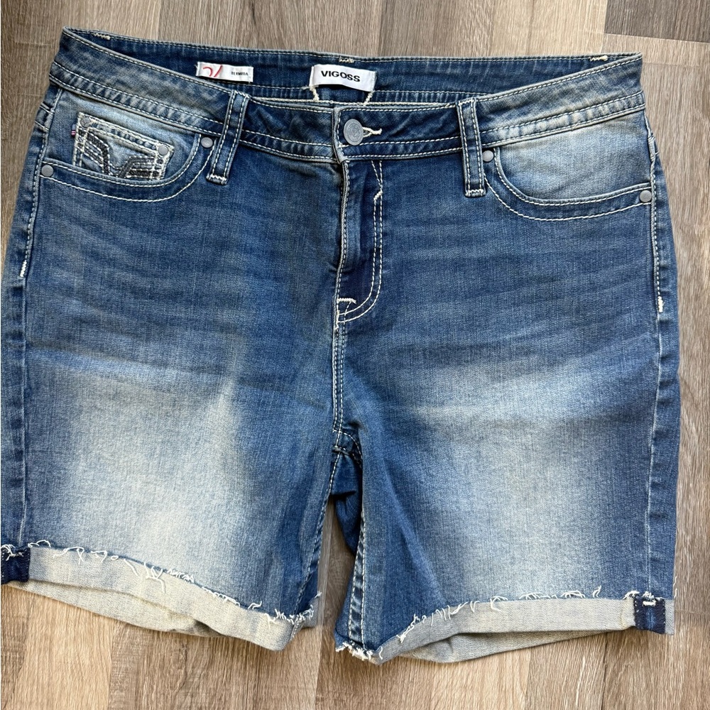 Vigoss Distressed Mid-Blue Rolled Hem Denim Shorts